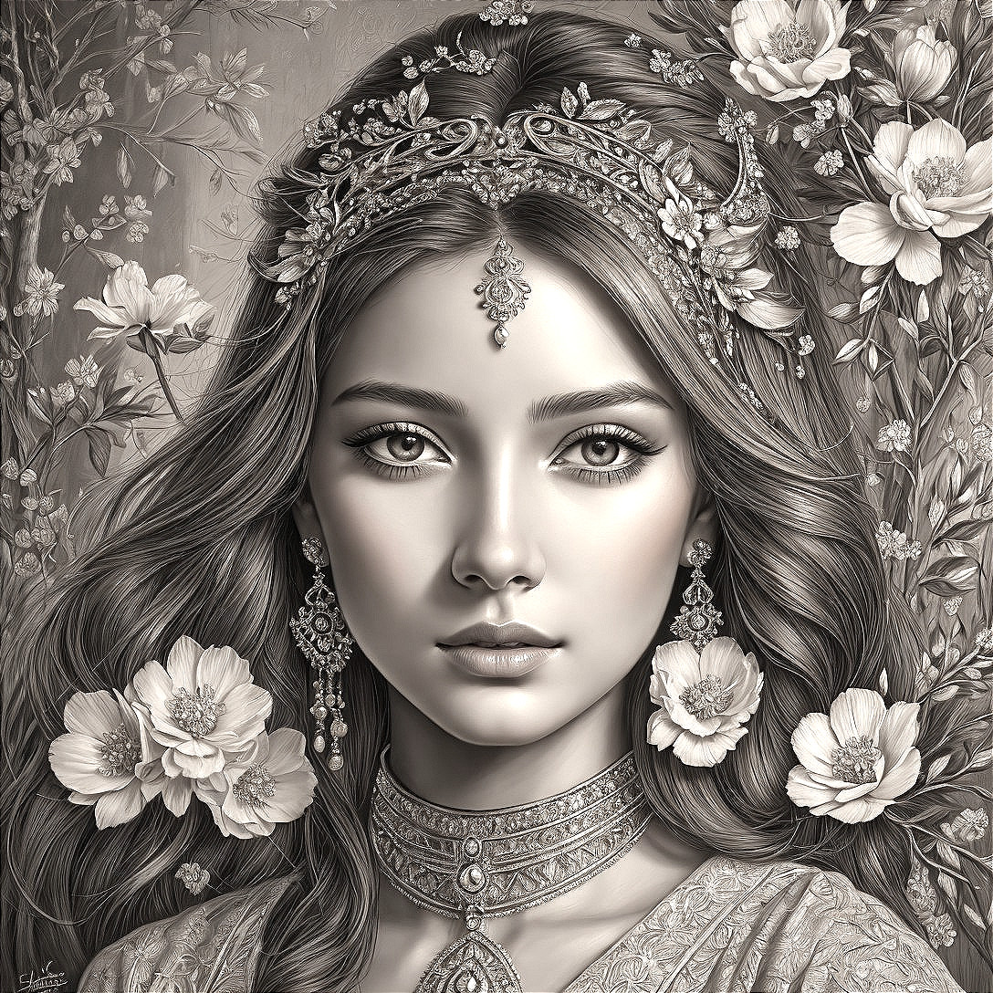 Monochrome illustration: Woman with intricate jewelry and floral backdrop