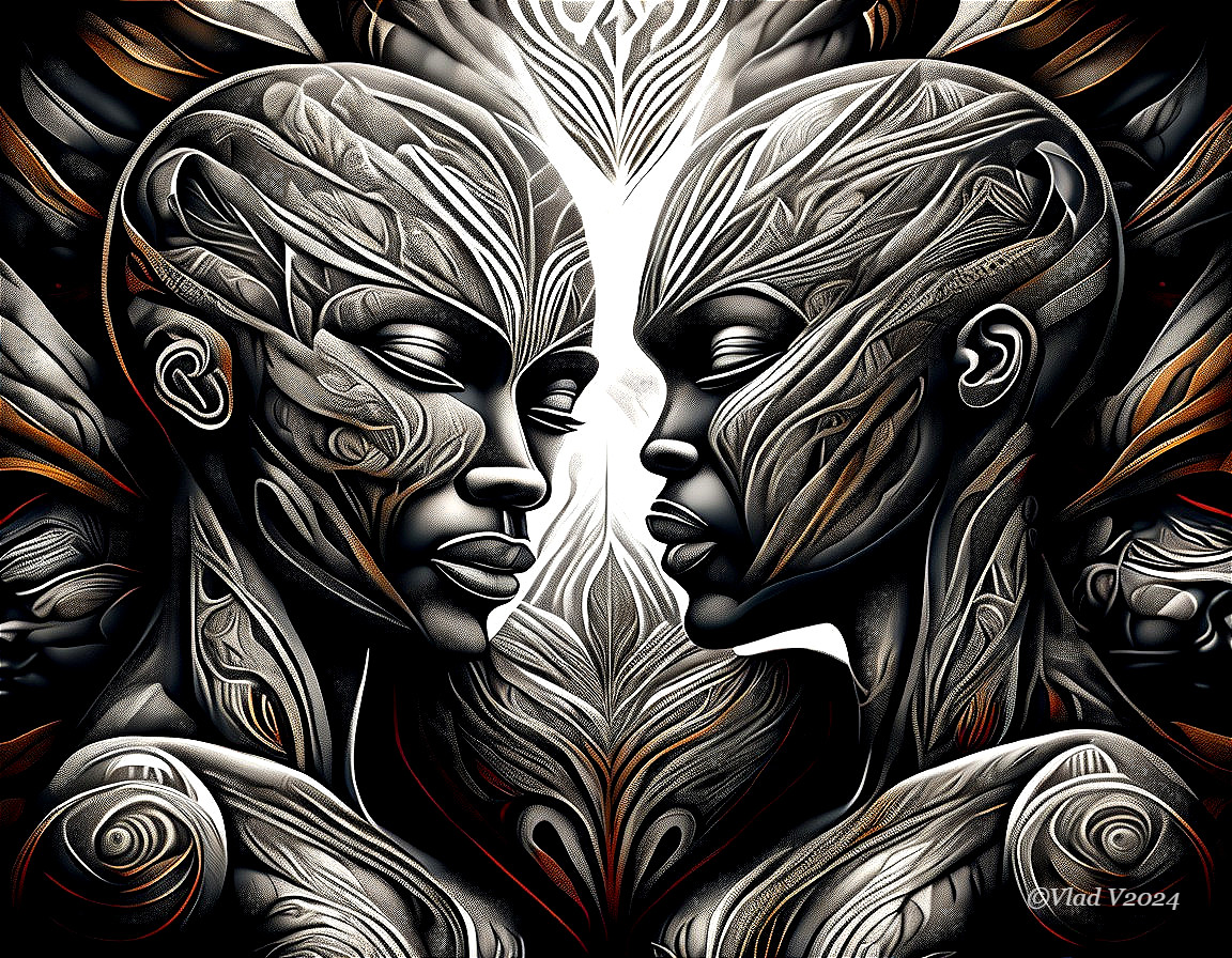 Intricate Human Heads Merging Nature and Abstraction