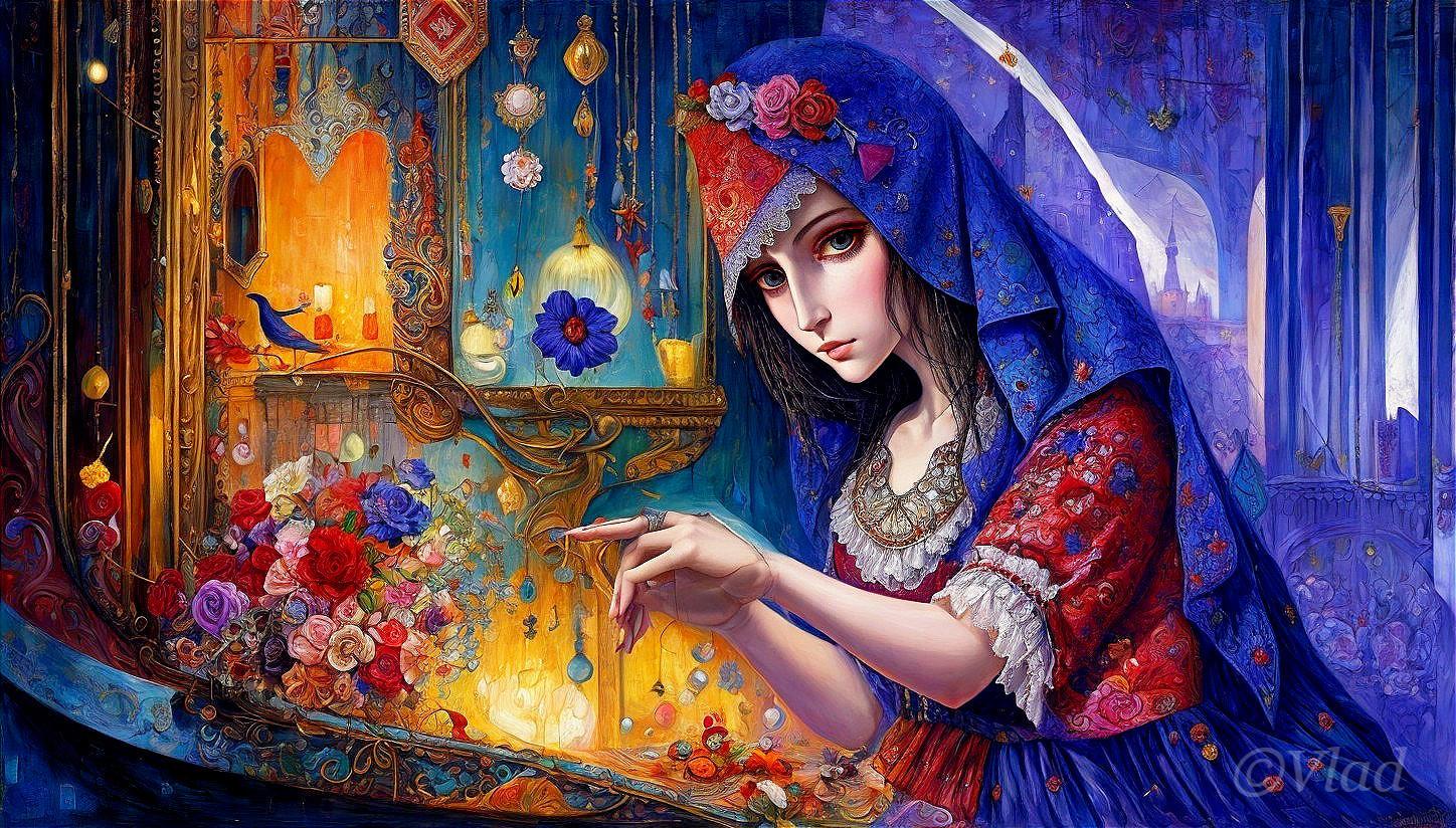 Ethereal Woman in Vibrant Traditional Clothing and Flowers