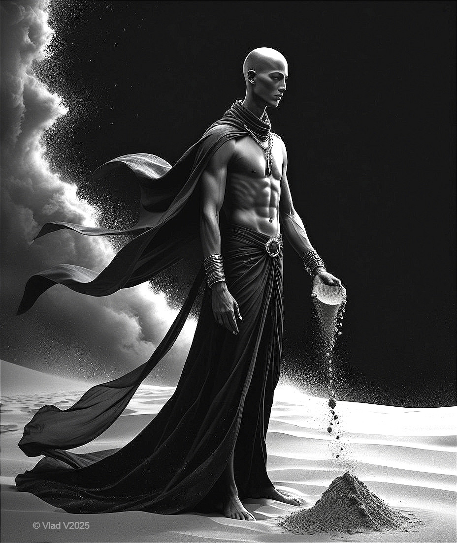 Monochrome Artwork of Muscular Figure in Desert Setting