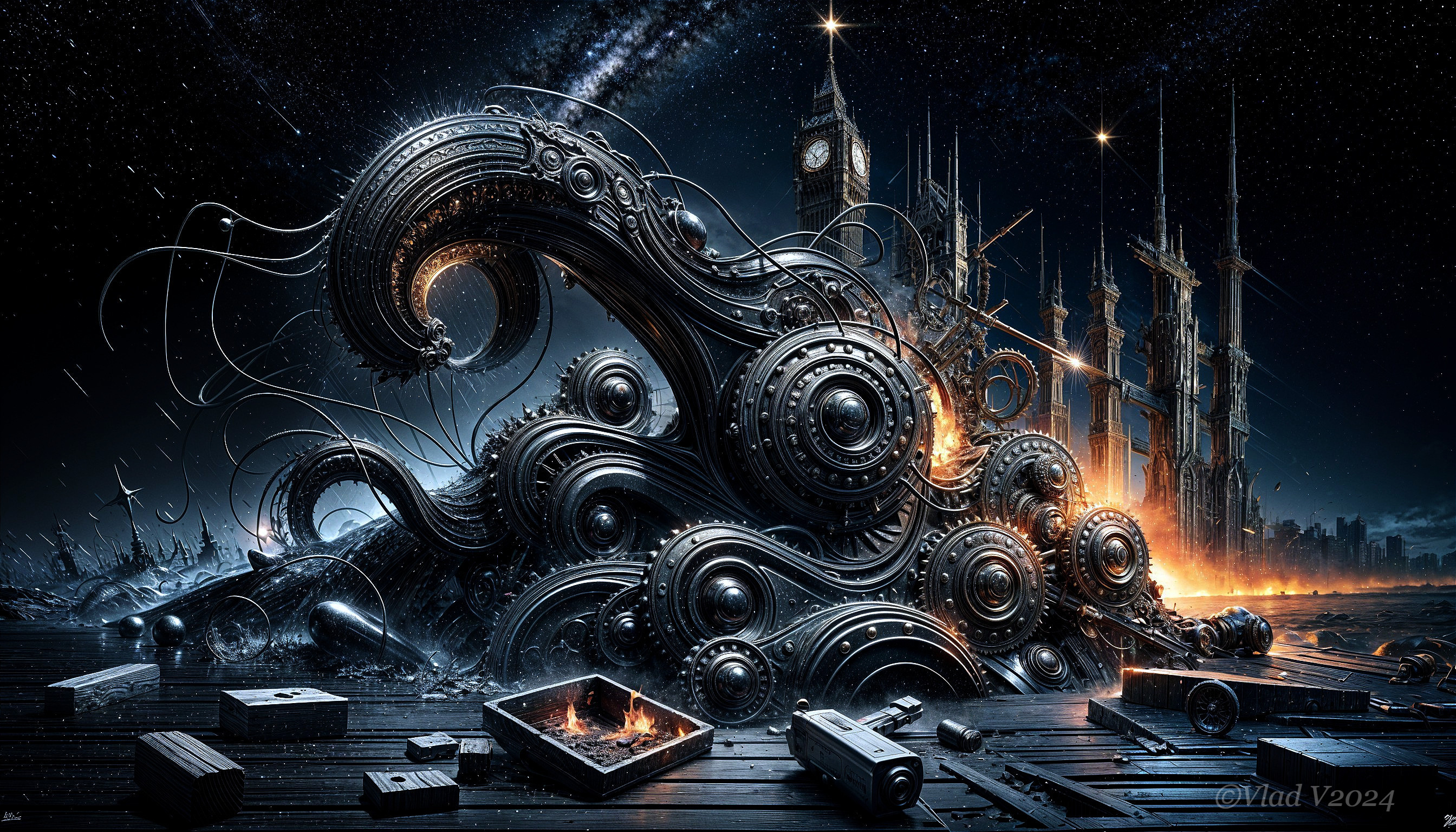 Surreal Scene of Gears and Pipes in Futuristic City
