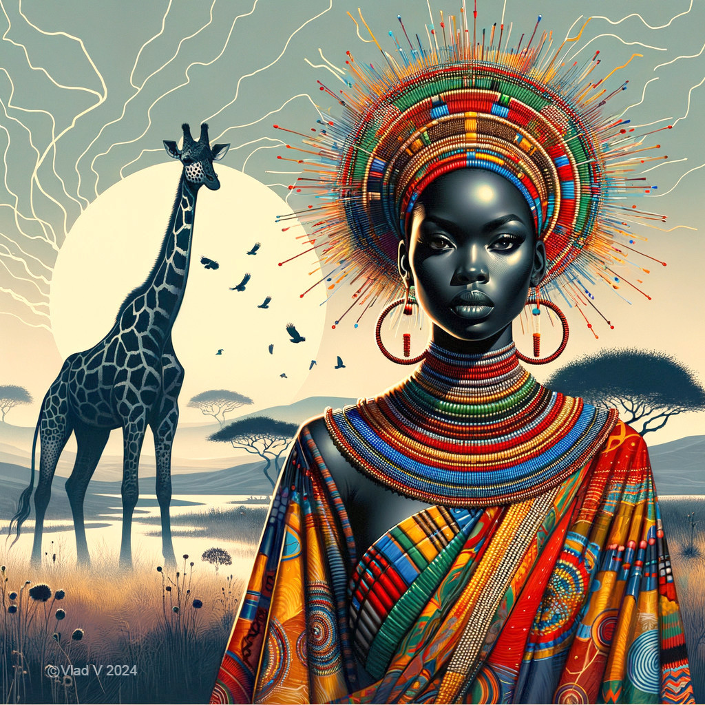 Majestic Figure in Colorful African Attire with Giraffe