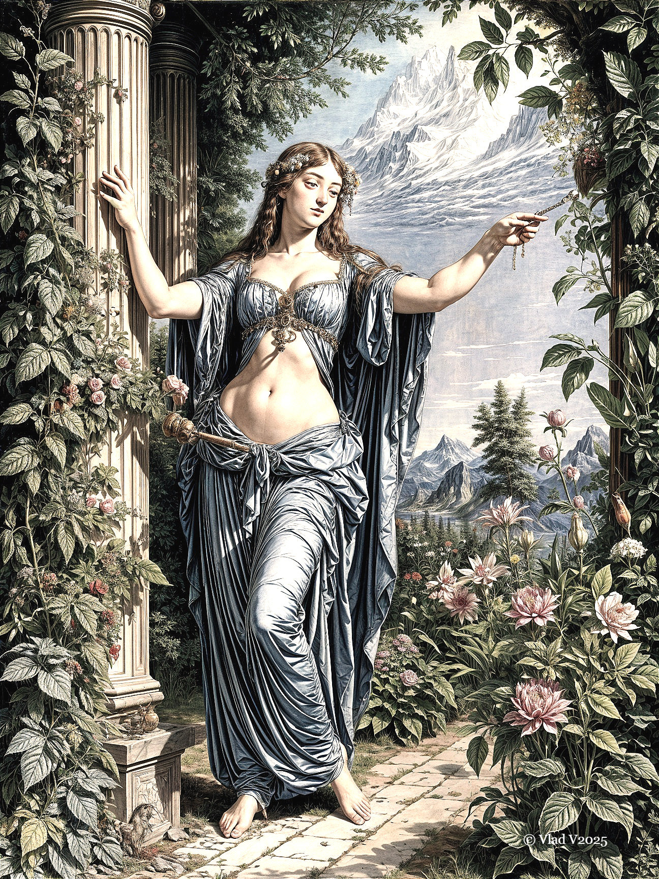 Graceful Figure in Blue Amidst Nature and Mountains