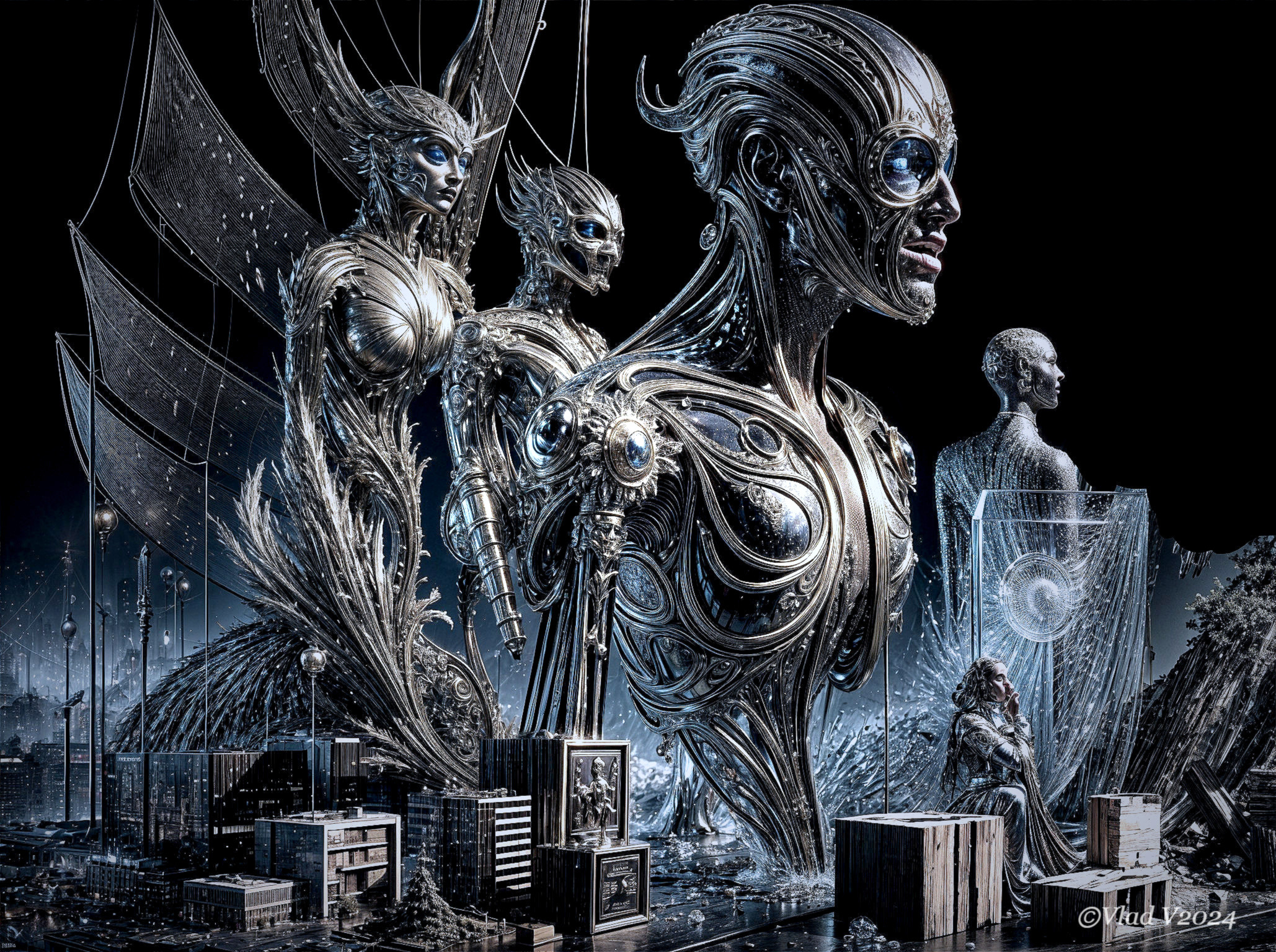 Futuristic Landscape with Metallic Figures and Structures