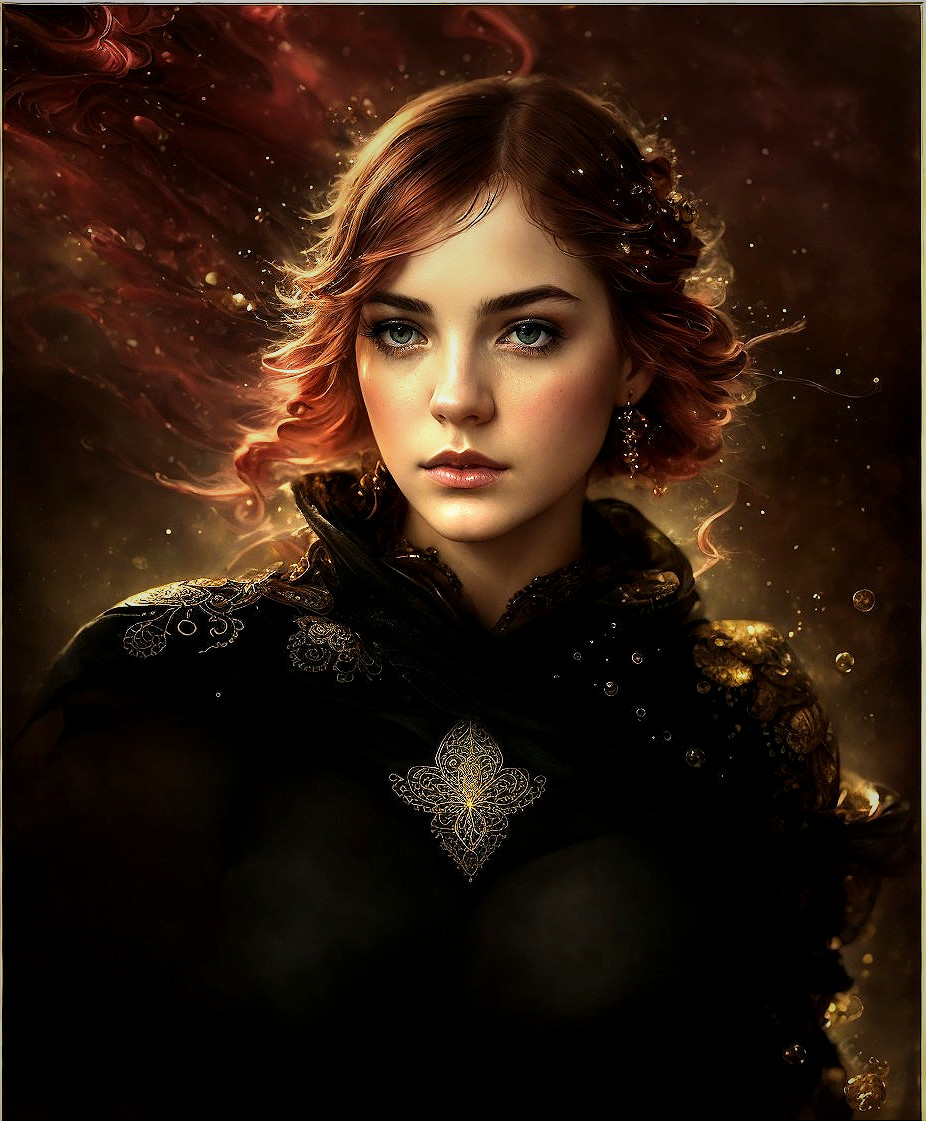 Digital painting of woman with red curly hair and green eyes in black garment with silver emblem, surrounded by