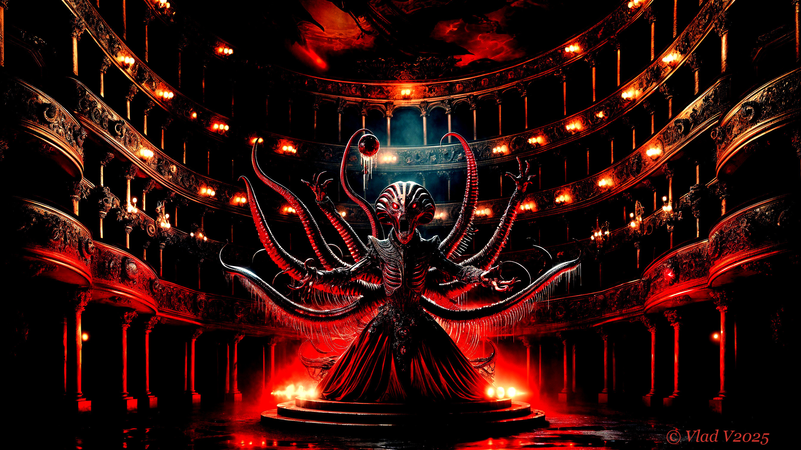 Monstrous Figure in Dimly Lit Theater Setting