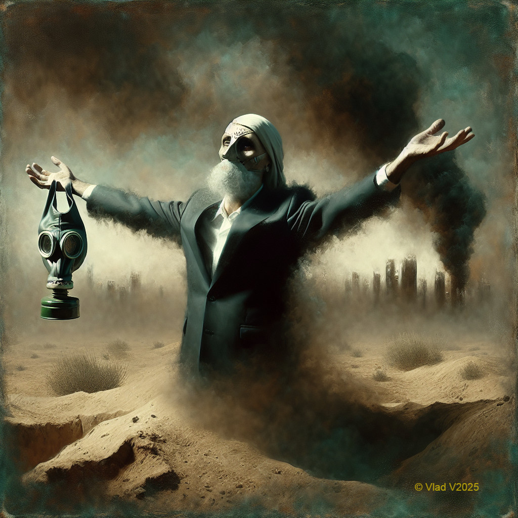 Figure in Suit with Gas Mask in Apocalyptic Landscape
