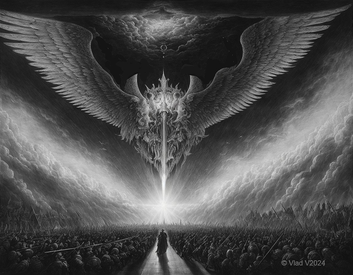Dramatic Scene of Angelic Figure and Army Formation
