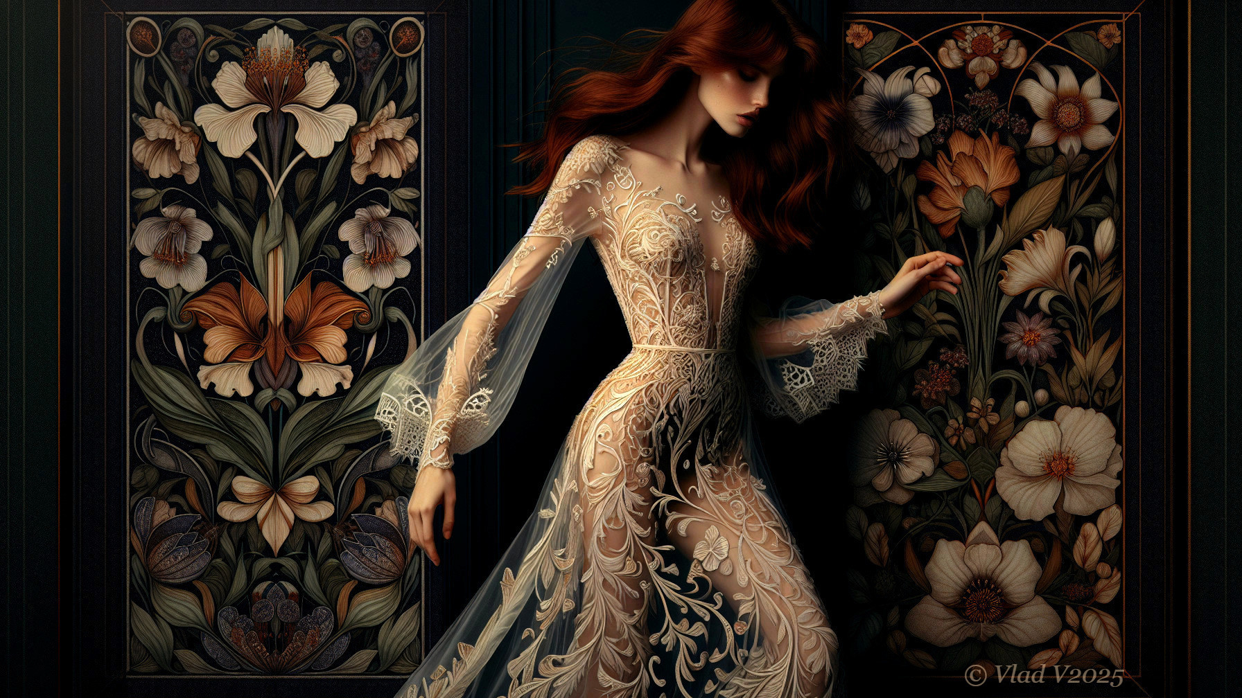 Elegant Woman in Sheer Gown Against Floral Panels