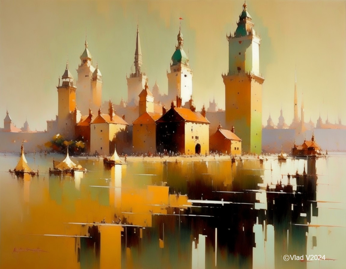 Majestic castle by calm water in serene landscape