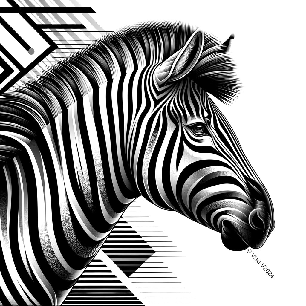 Black and White Zebra Head Illustration with Patterns