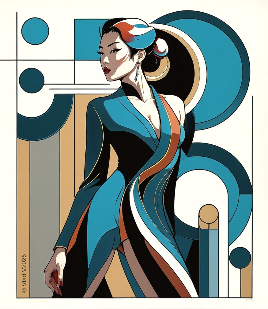Stylized Female Figure with Geometric Shapes and Colors
