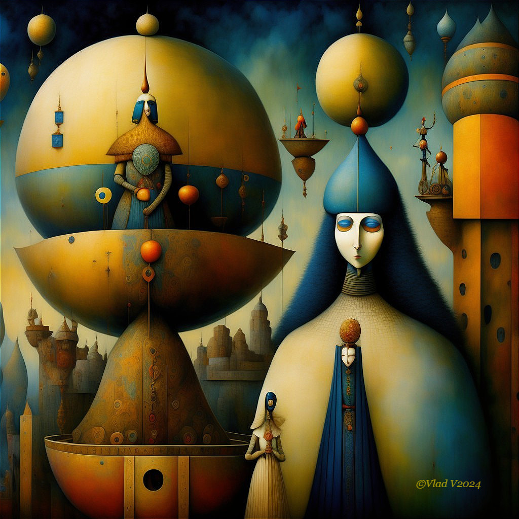 Surreal Landscape with Abstract Figures and Blue Hues