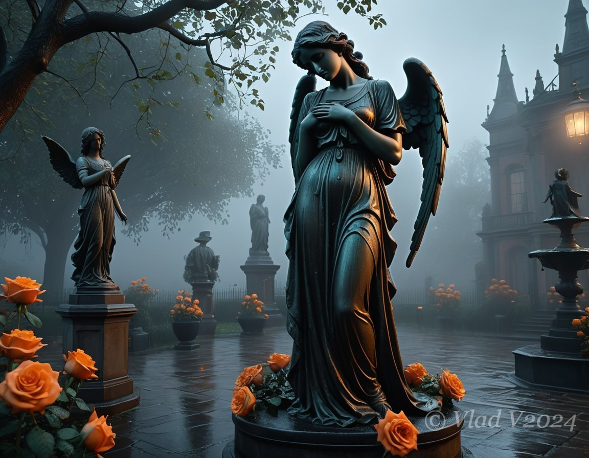 Angel Statue Surrounded by Fog and Roses at Mansion