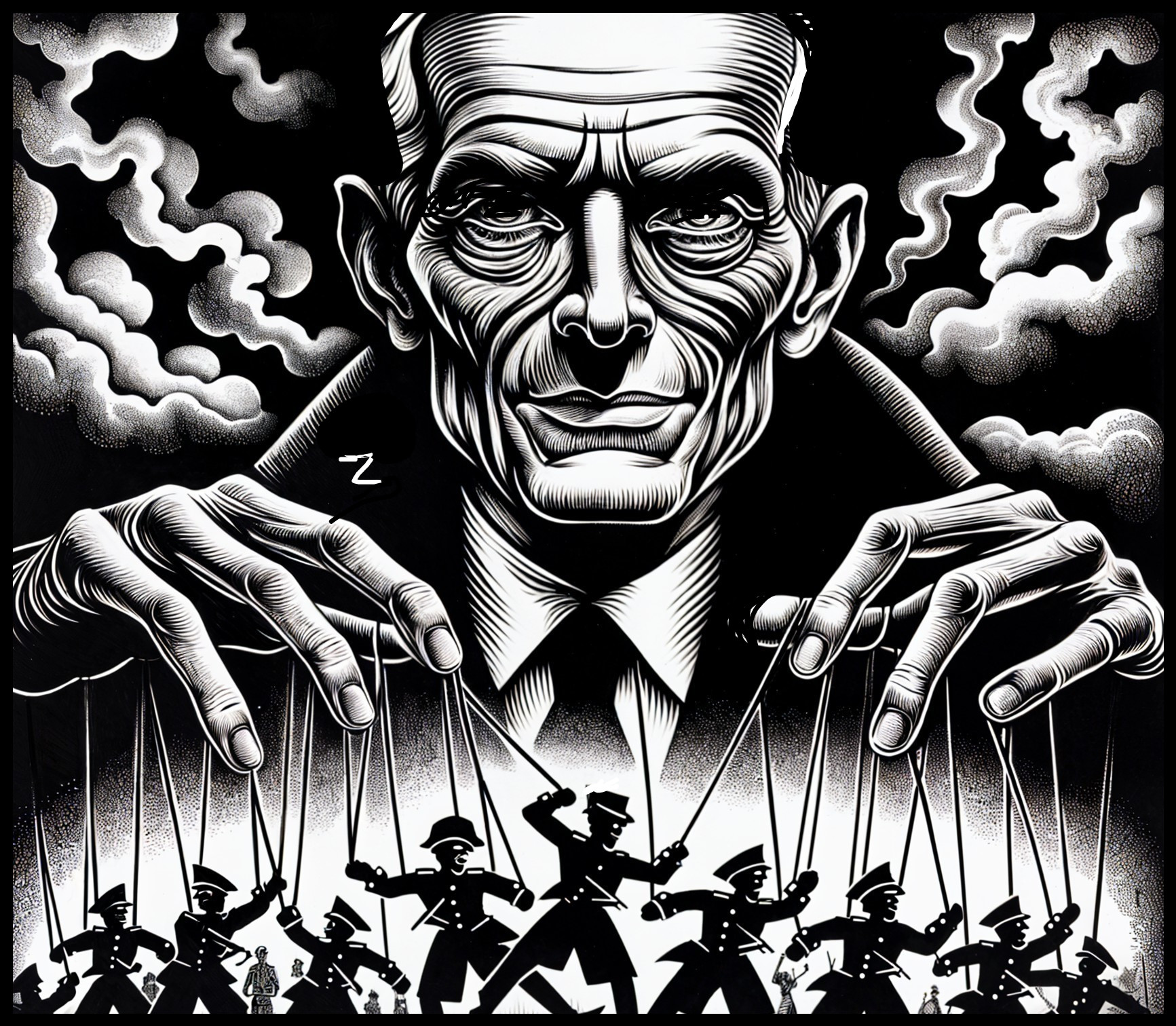 Powerful Figure Overseeing Soldiers as Marionettes