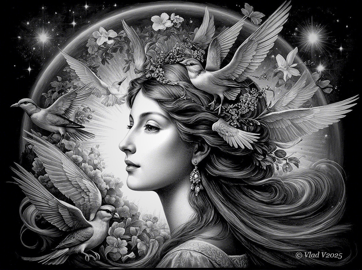 Serene Woman in Profile with Celestial Backdrop