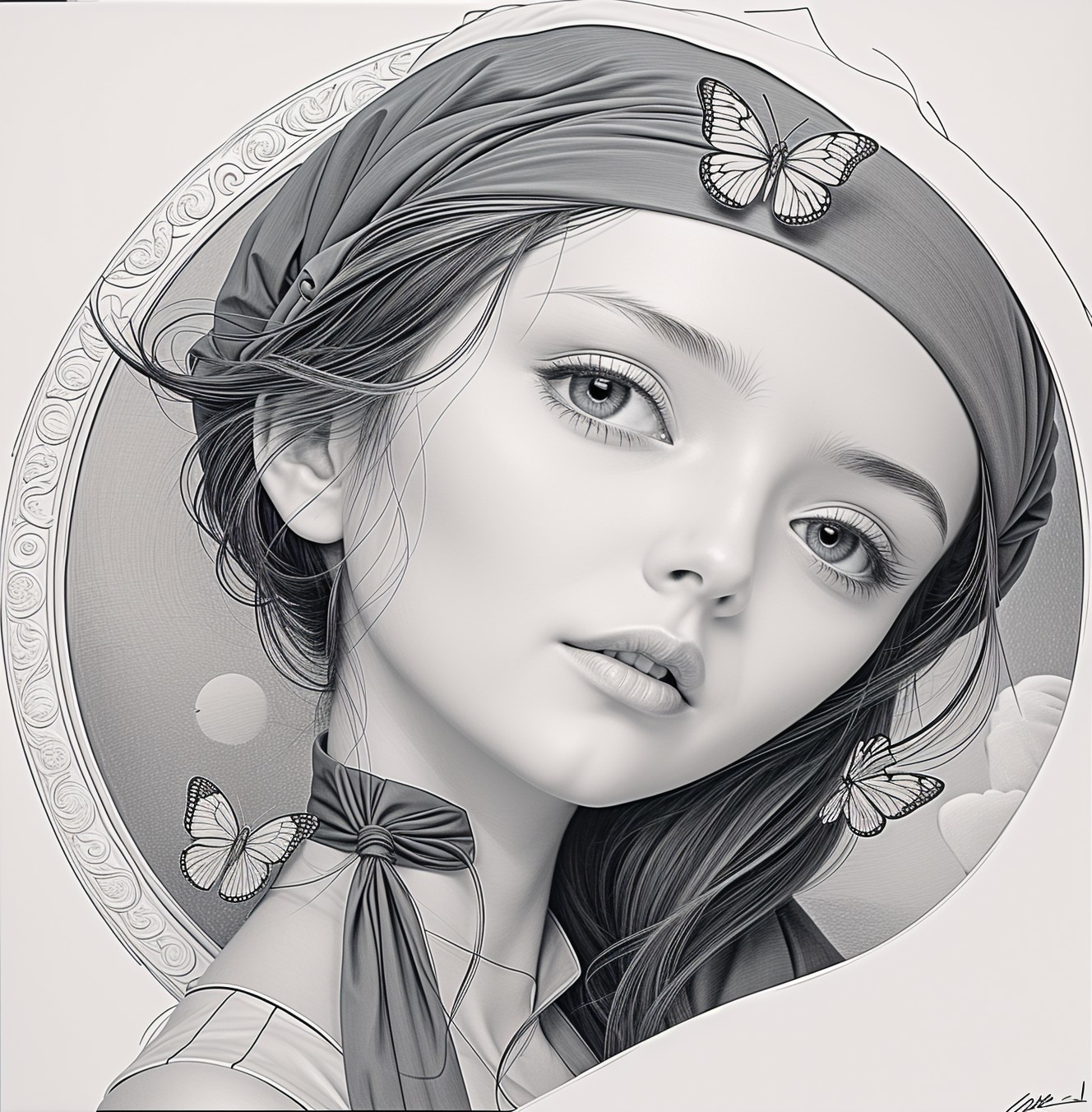 Monochromatic Portrait of a Young Girl with Butterflies
