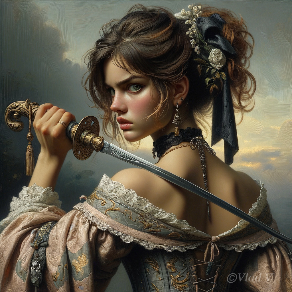 Digital Artwork of Woman in Historical Attire with Sword