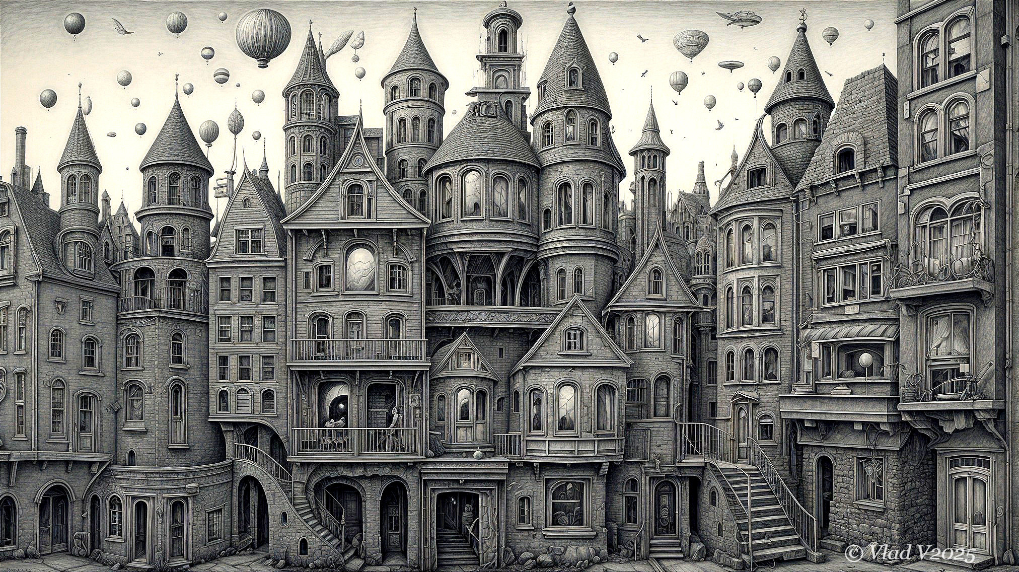 Fantastical village with intricate buildings and balloons
