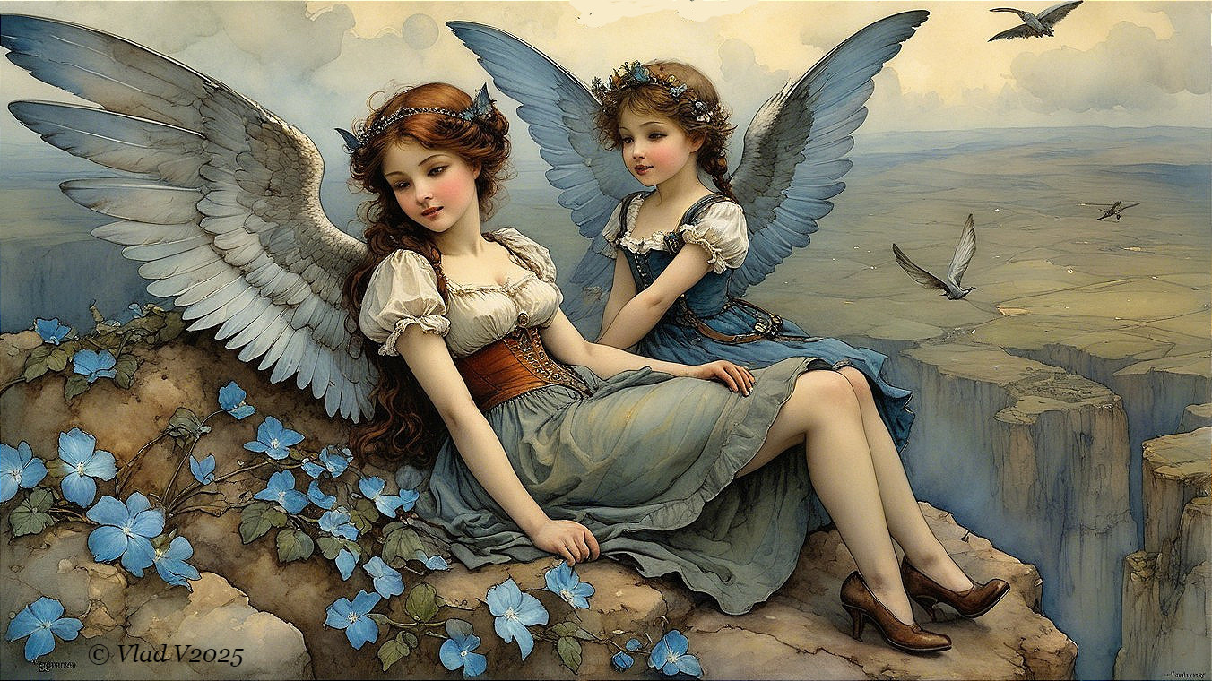 Ethereal Women with Wings in a Serene Landscape