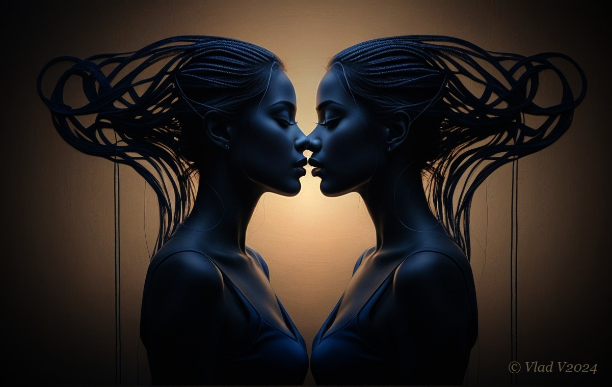 Symmetrical Stylized Female Figures with Intricate Hairstyles