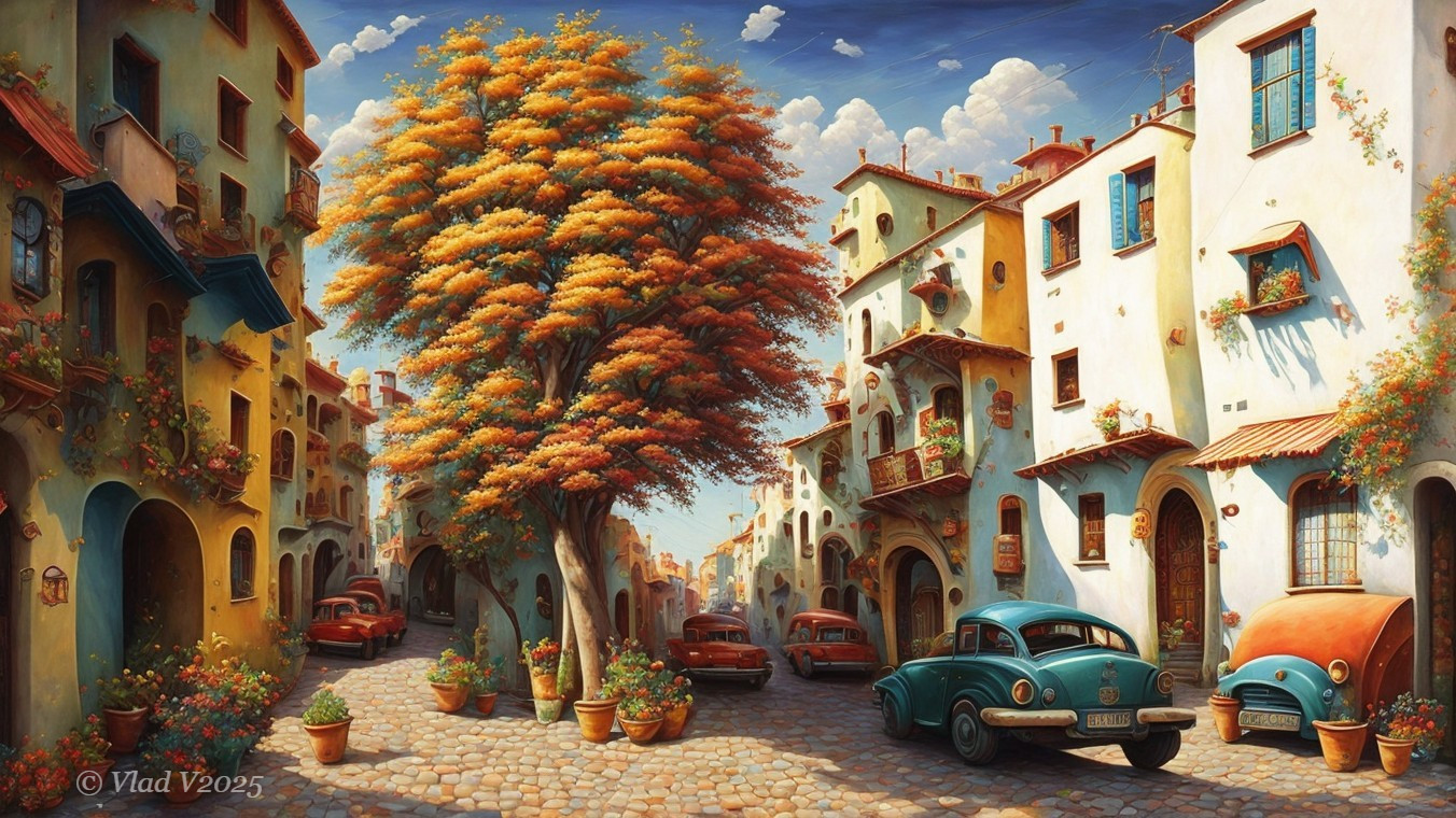 Charming Cobblestone Street with Colorful Buildings