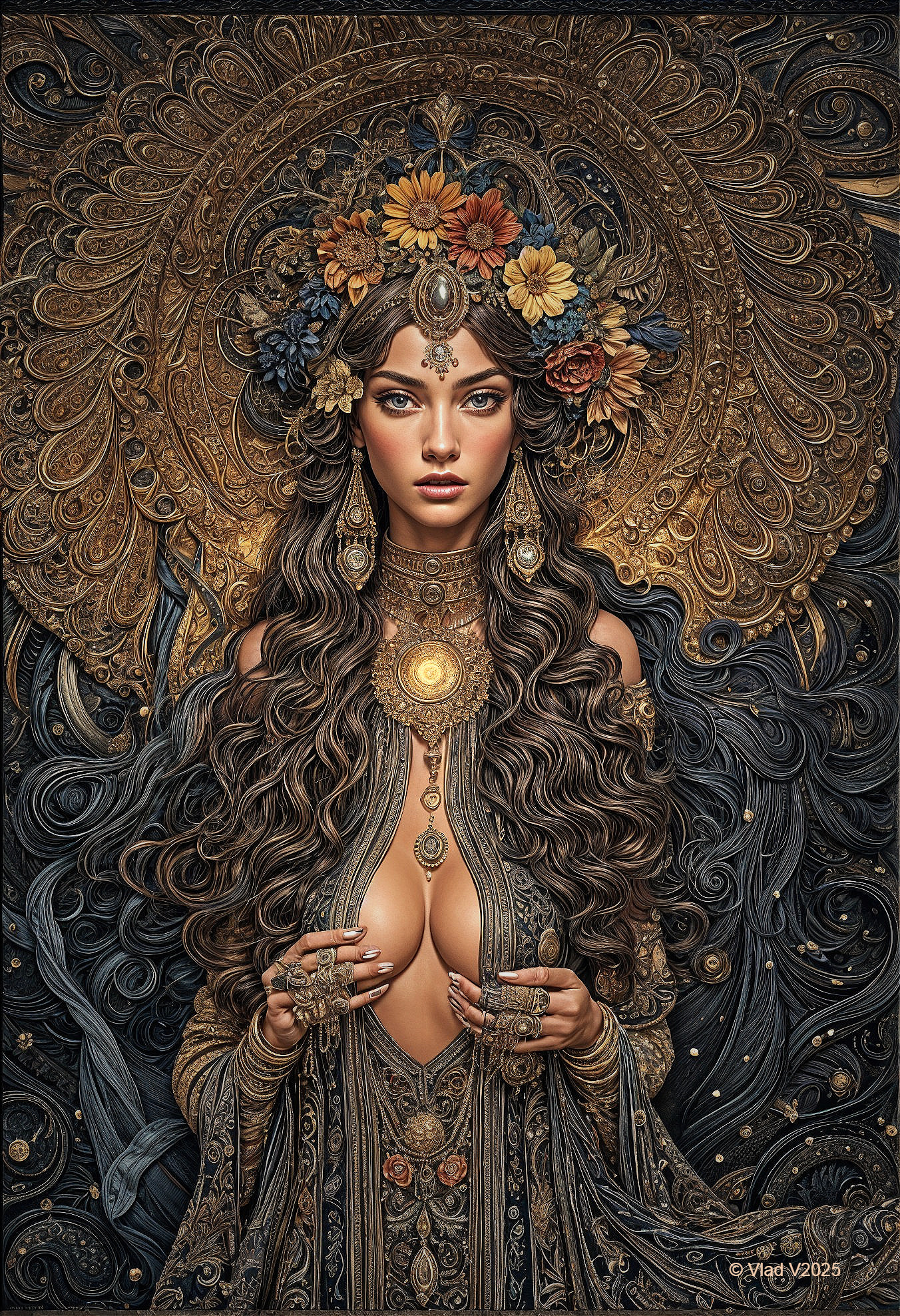 Elegant figure with gold motifs and floral details