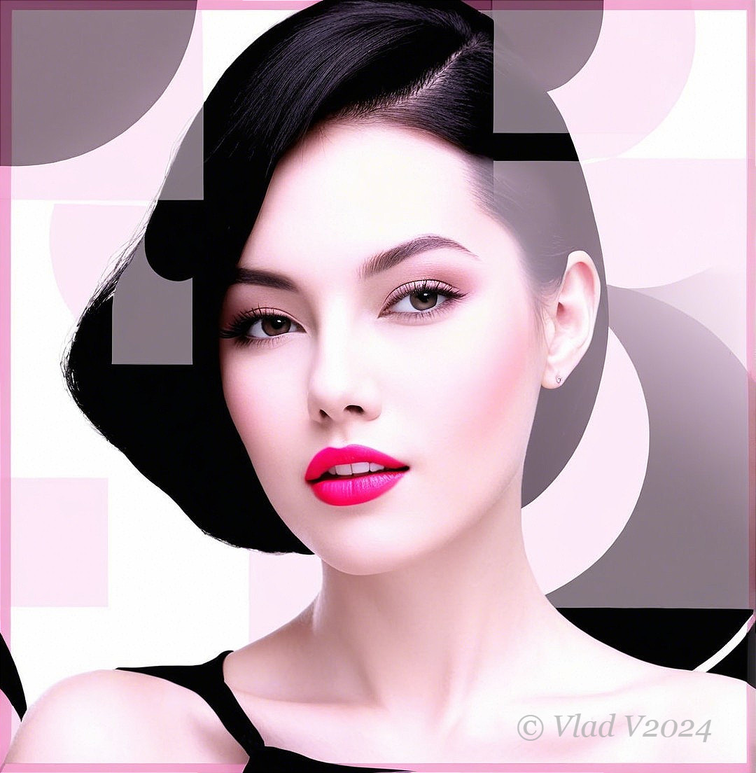 Woman with Black Hair and Pink Lipstick in Artful Setting