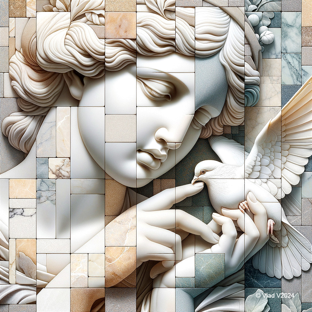 Mosaic of a Woman's Face with a White Dove Interaction