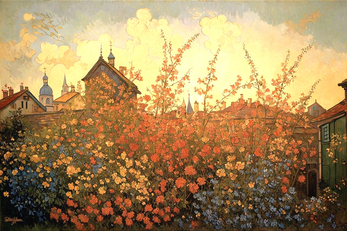 Colorful garden painting with flowers and traditional houses at sunset