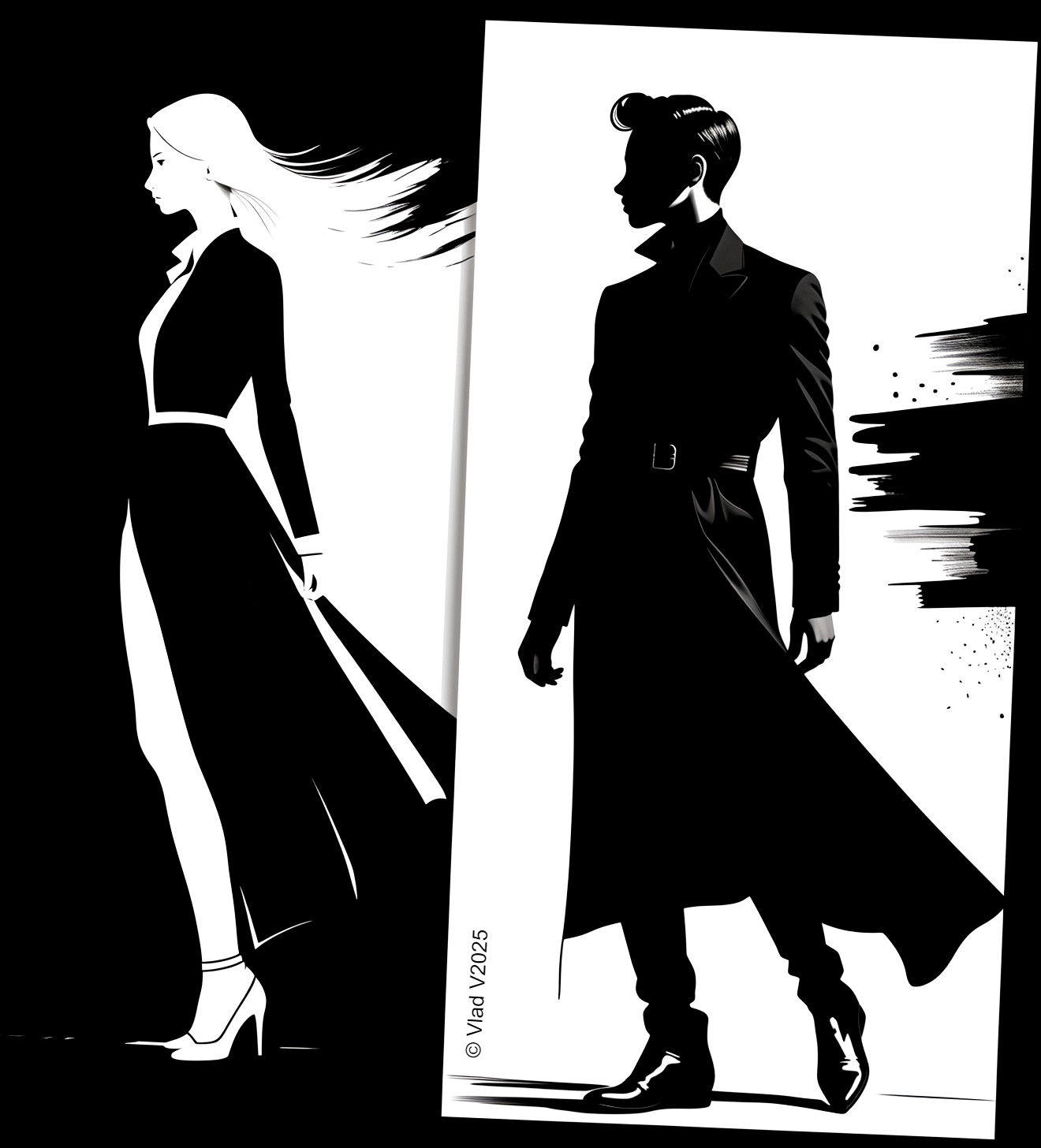 Silhouettes of Elegant Figures on Black and White Background