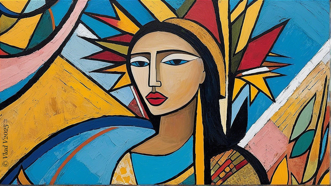 Stylized Female Figure with Geometric Shapes and Colors