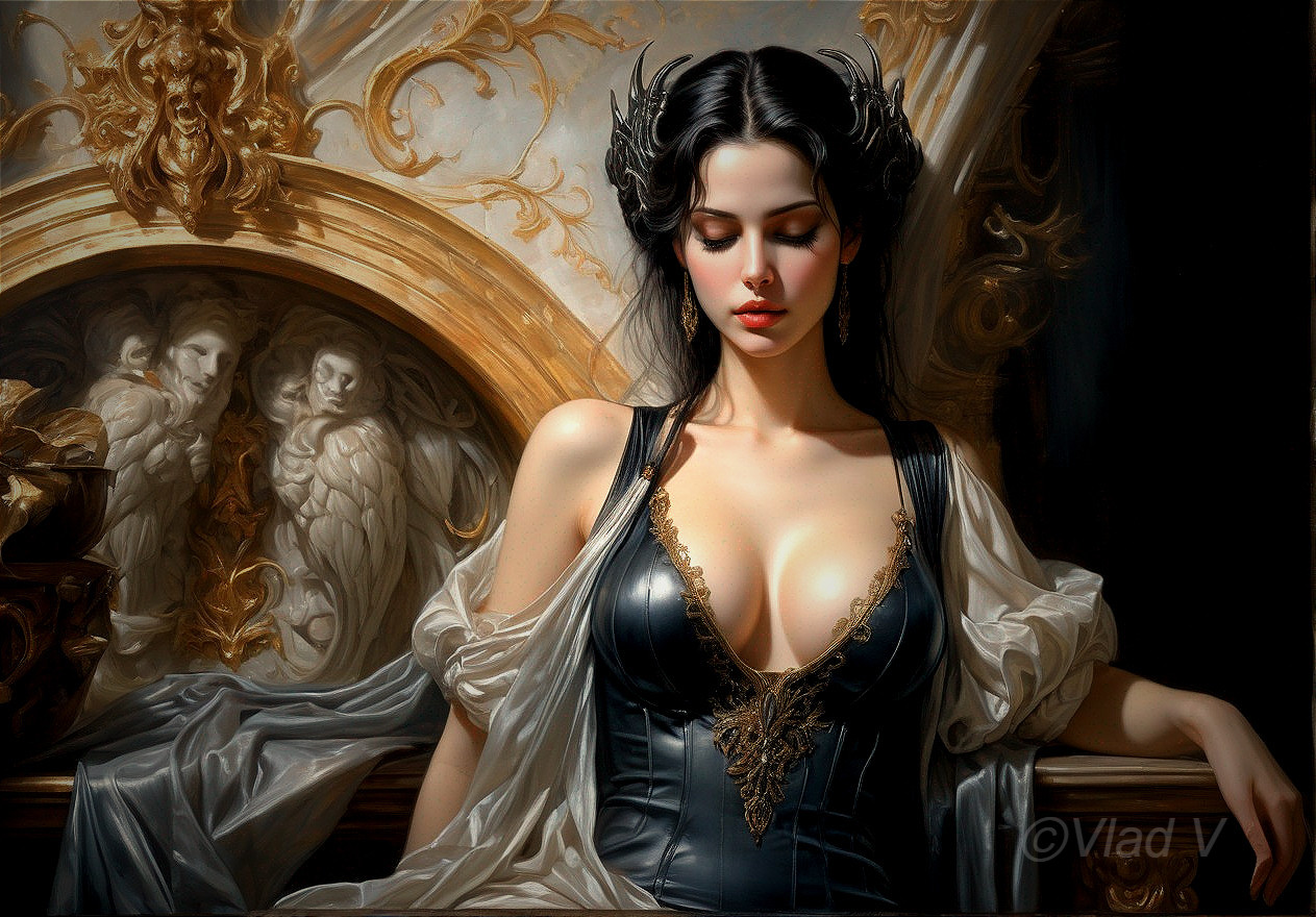 Digital artwork: Woman with dark hair, intricate horns, black dress, classical backdrop with angelic figures