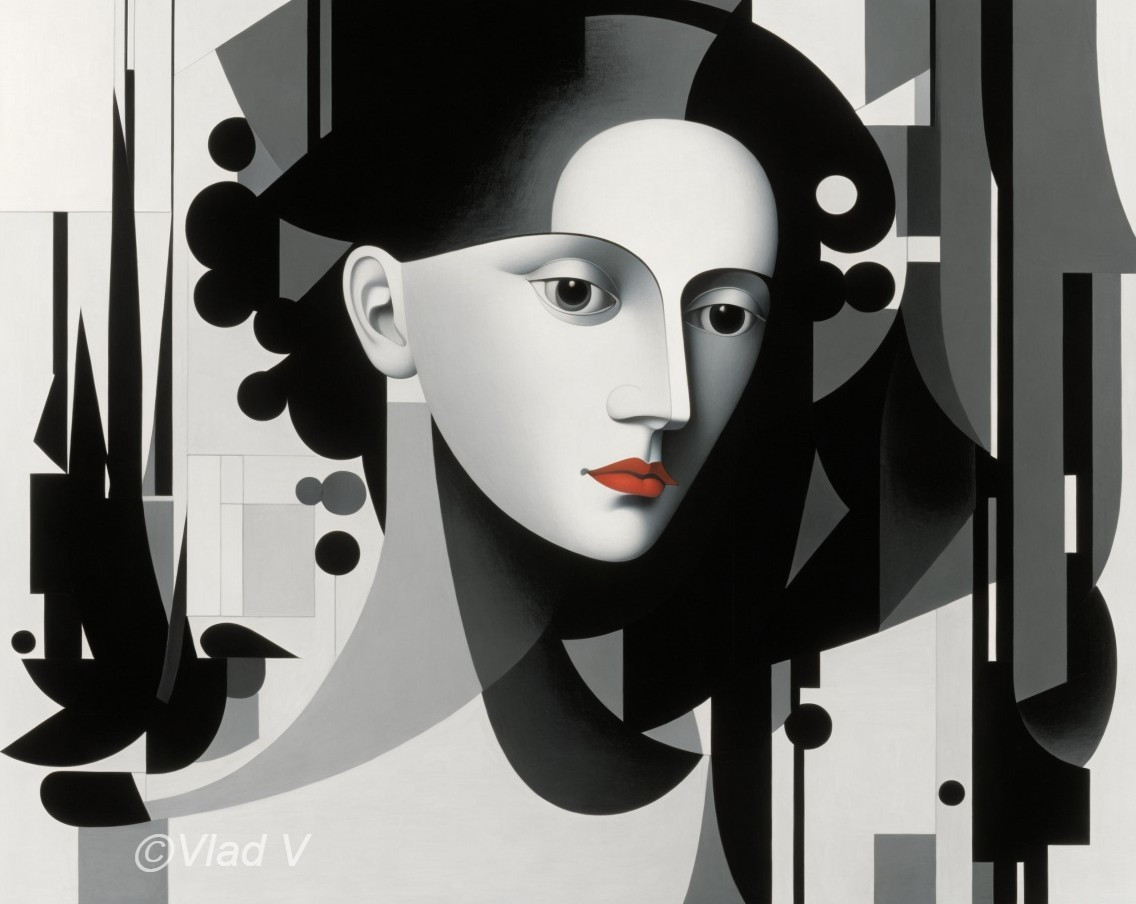 Monochromatic Cubist Abstract Portrait of Female Face