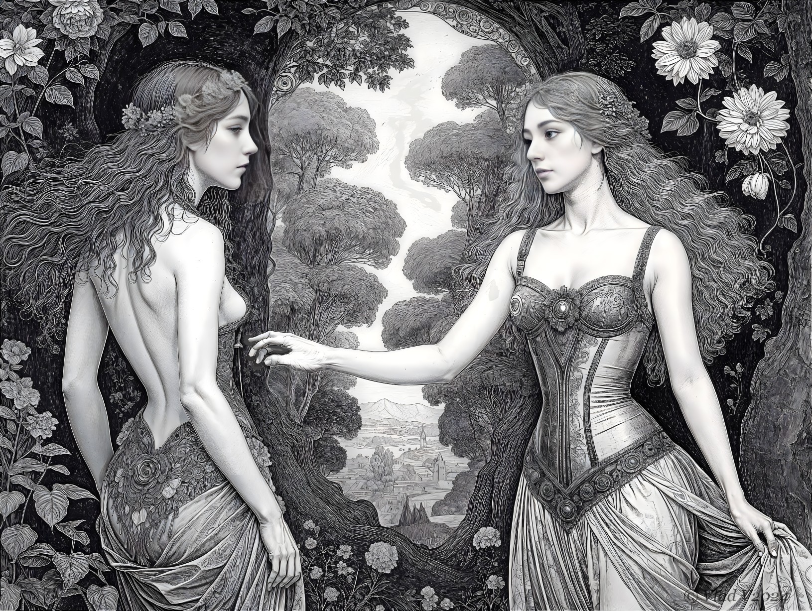 Ethereal Figures in a Mystical Floral Landscape