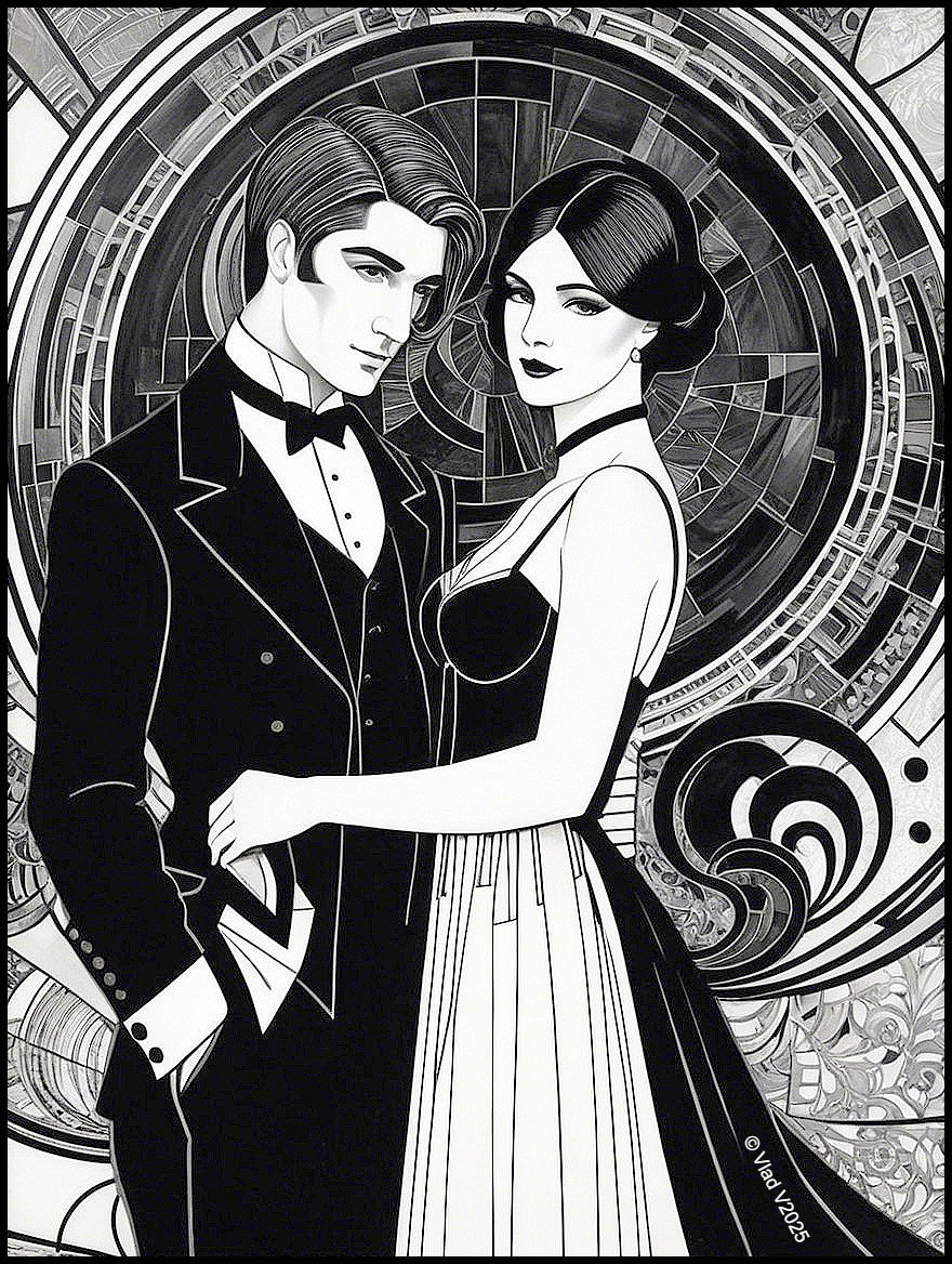Art Deco Couple in Elegant Tuxedo and Gown Design