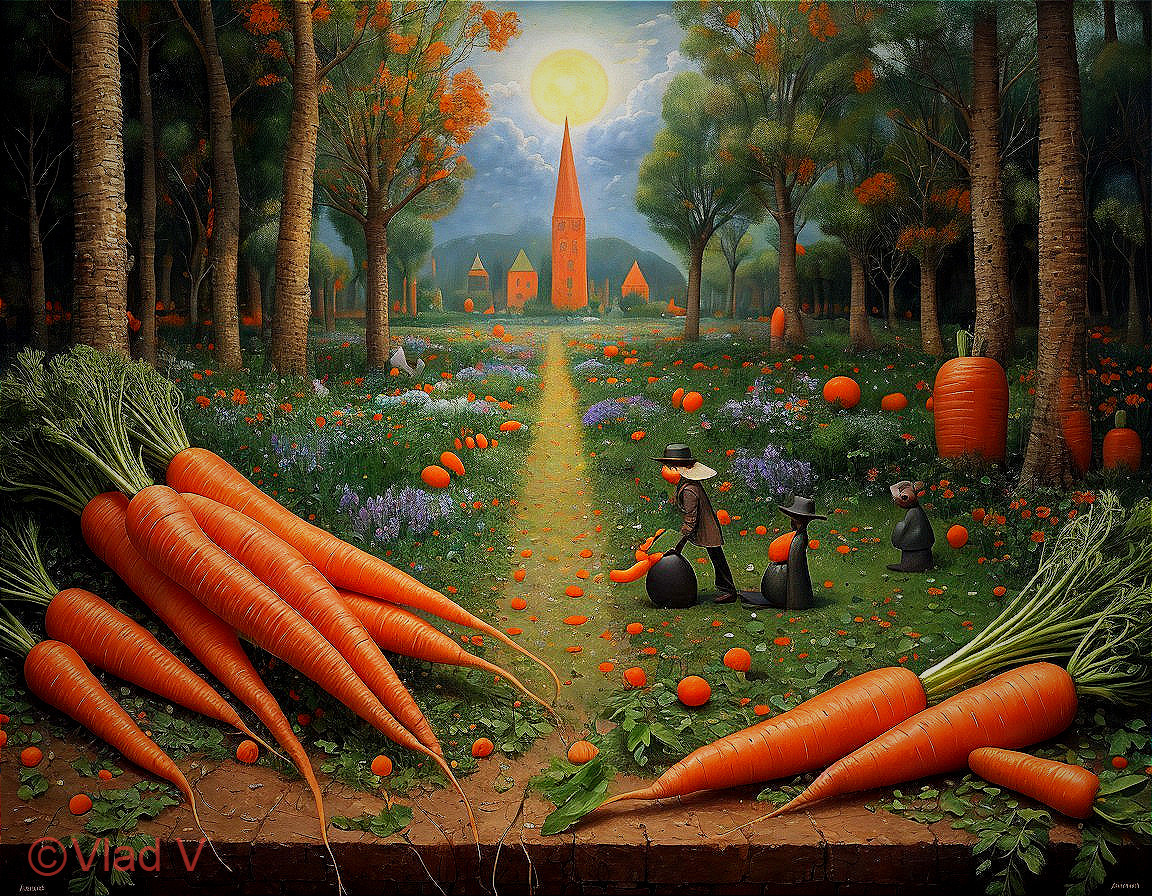 Vibrant landscape featuring whimsical carrots and trees