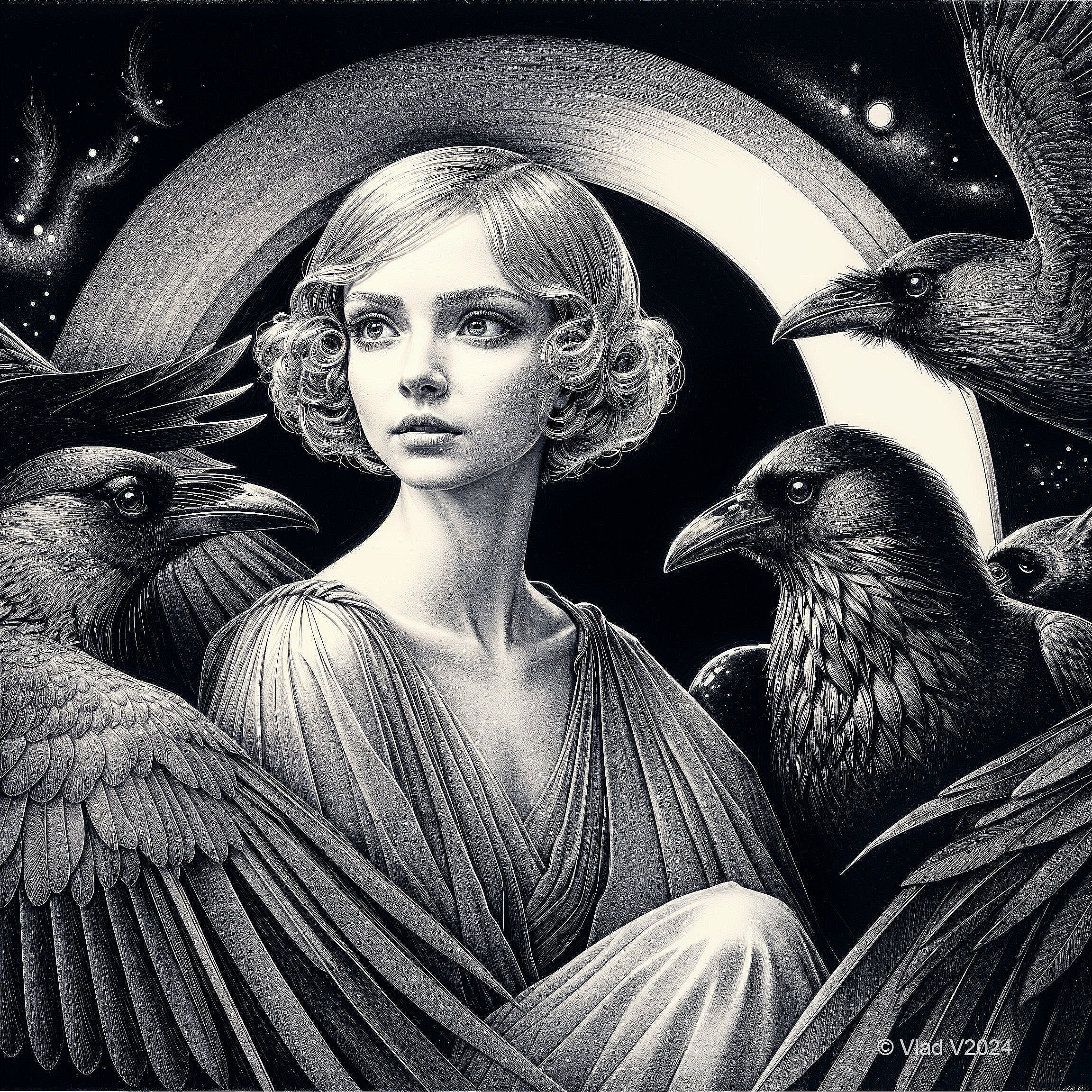 Young Woman with Crows and Crescent Moon Background