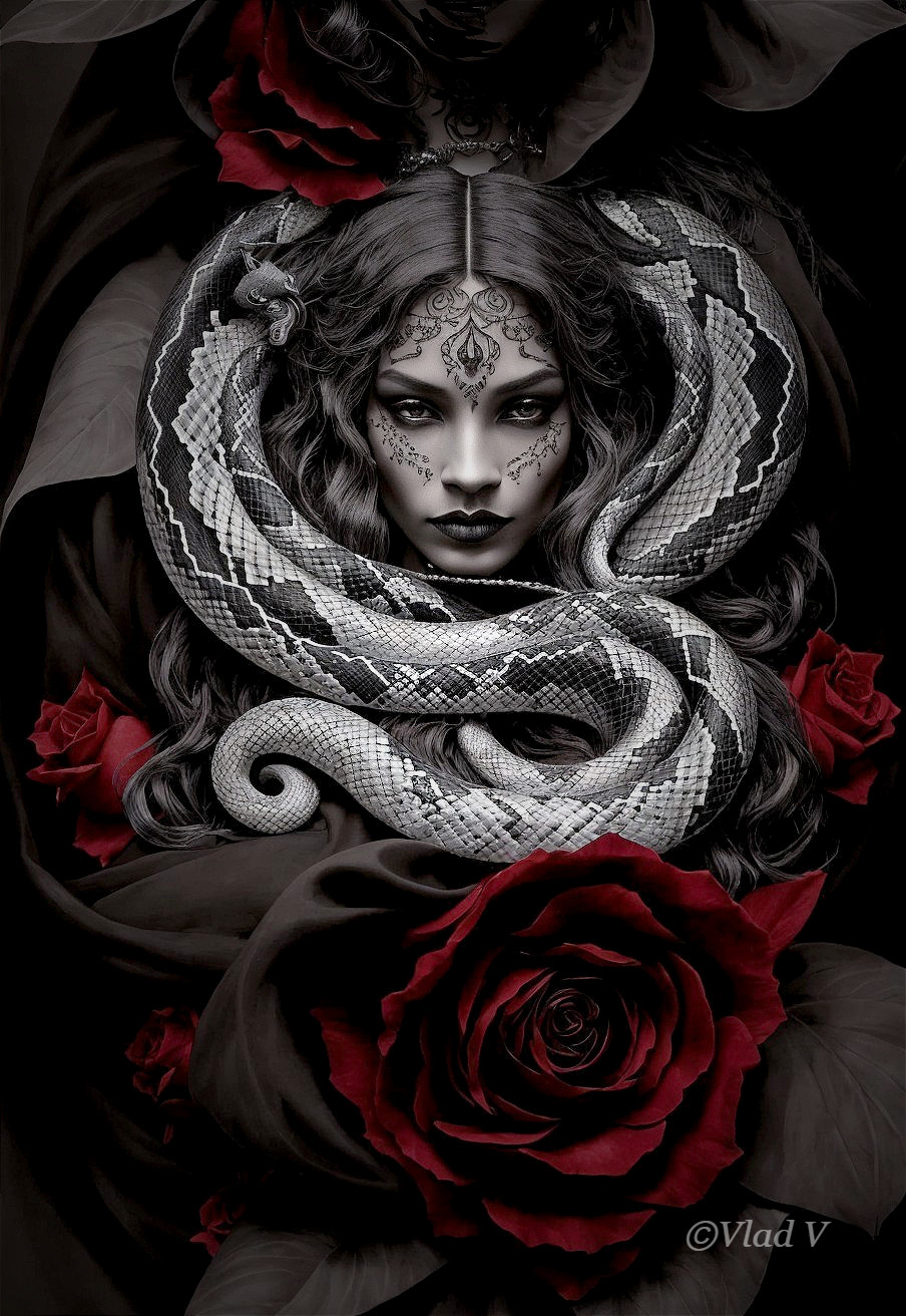 Striking Woman with Facial Tattoos and Dark Roses