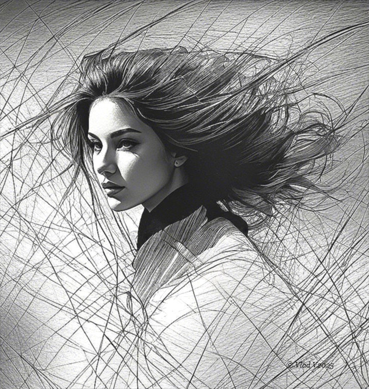 Monochromatic Portrait of a Woman with Flowing Hair