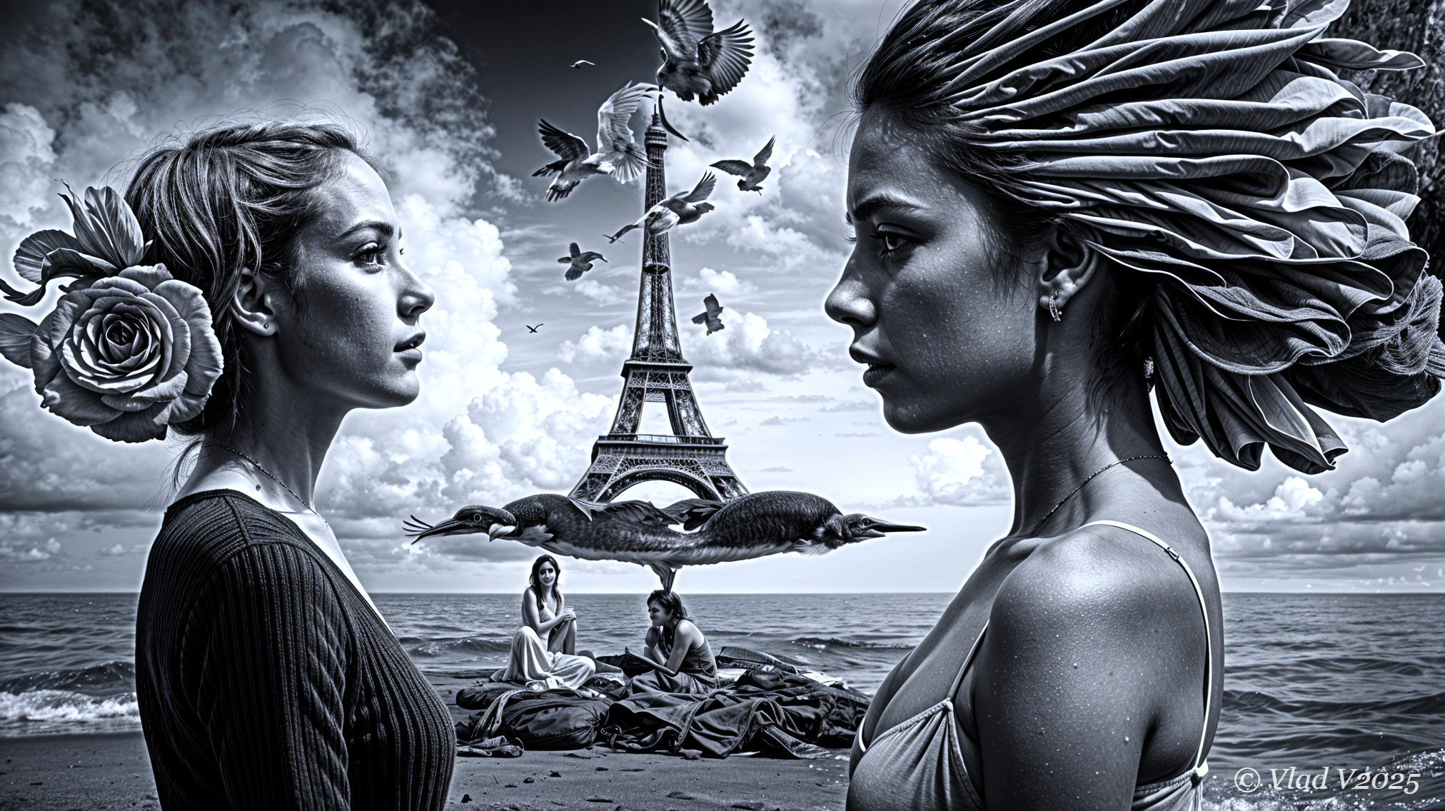 Surreal Black and White Scene with Women and Eiffel Tower
