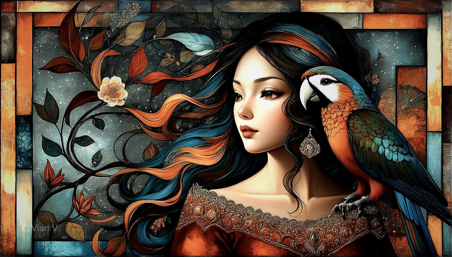 Stylized illustration of woman with blue hair and parrot against mosaic backdrop