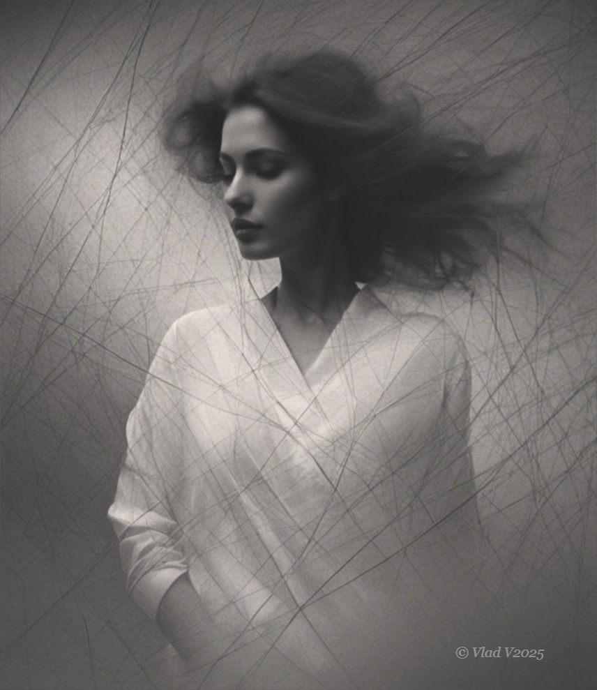 Ethereal monochrome portrait of a serene woman