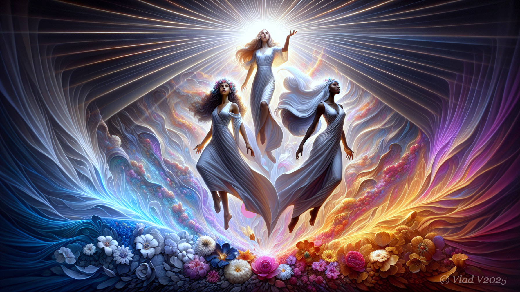 Ethereal Figures in Flowing Dresses Amidst Vibrant Colors