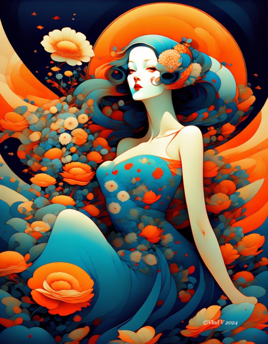 Surreal Woman with Blue Hair in Floral Dress