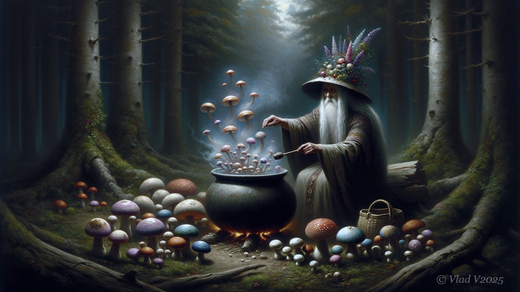 Ancient Wizard Brewing Potion in Enchanted Forest