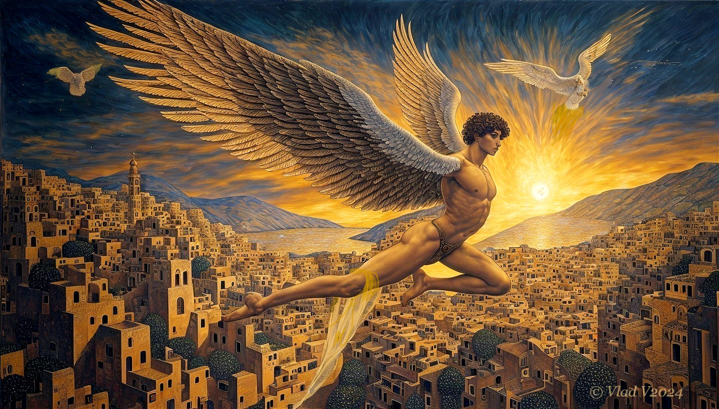 Winged Figure Over Cityscape at Sunset