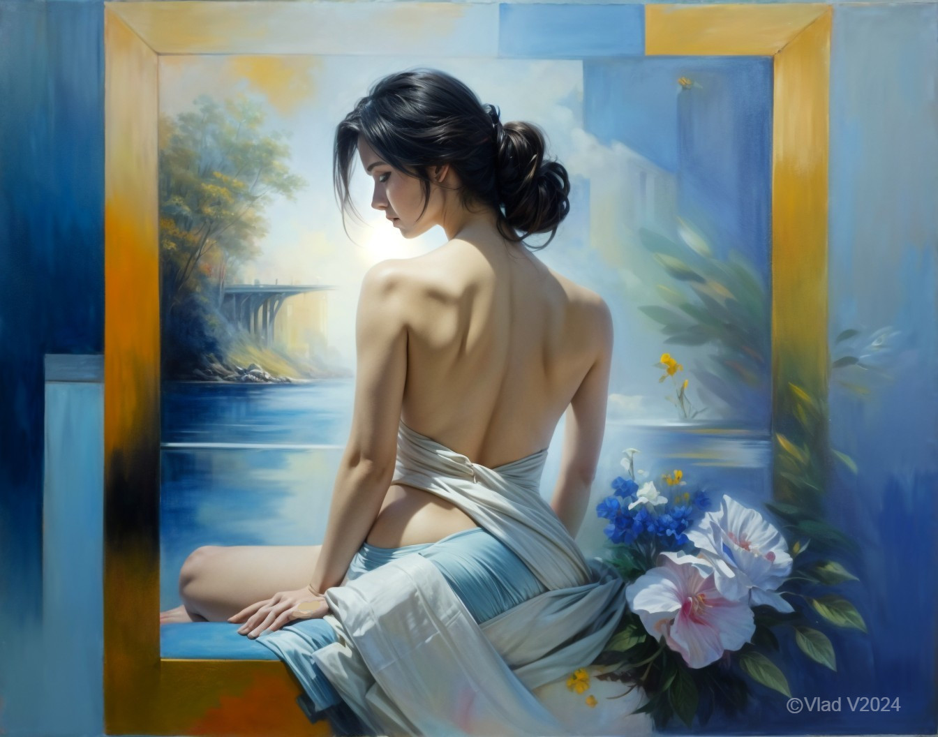 Serene Woman in Dreamlike Blue and Gold Setting