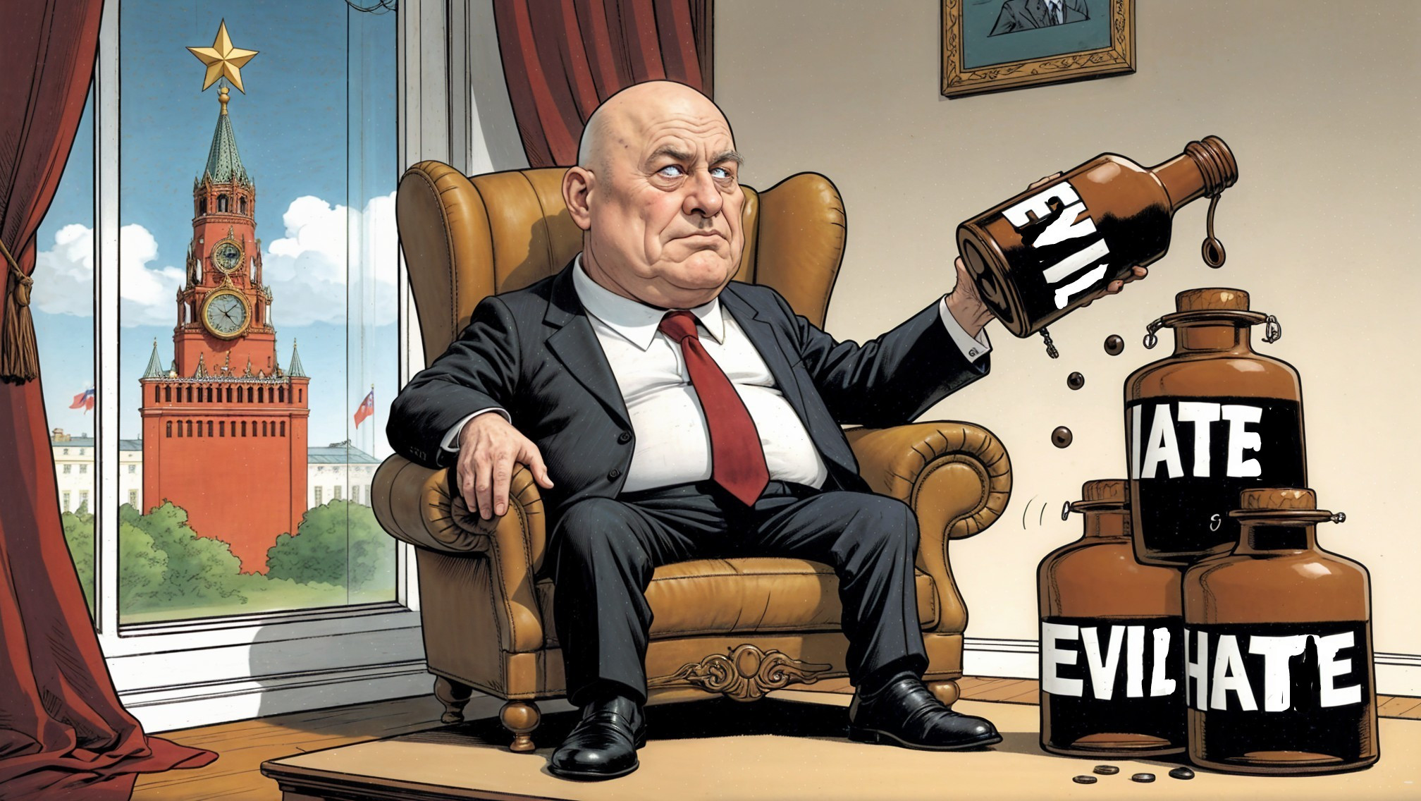 Stern Figure in Armchair with Dark Liquids and Kremlin View