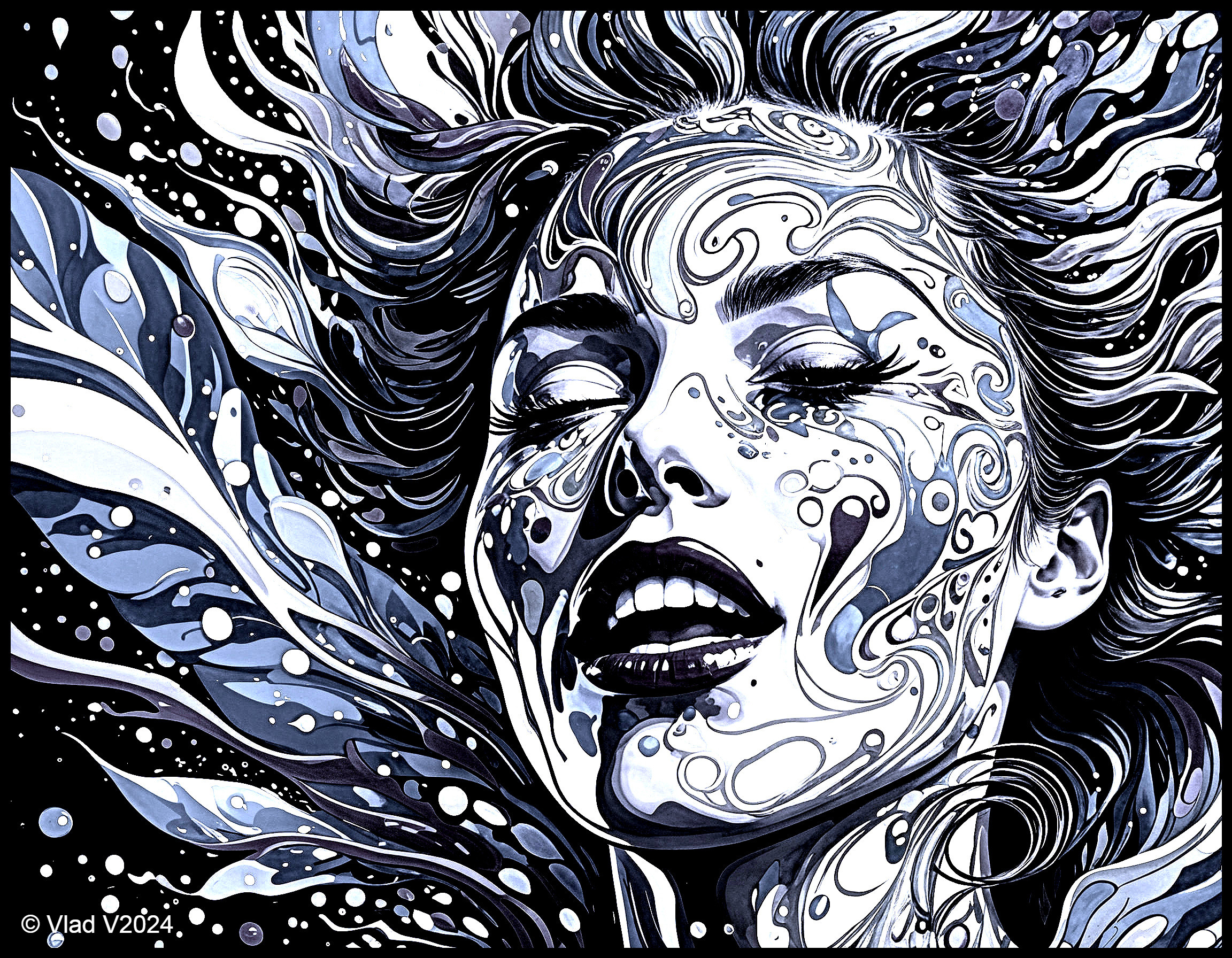 Portrait of a woman with intricate blue and white patterns